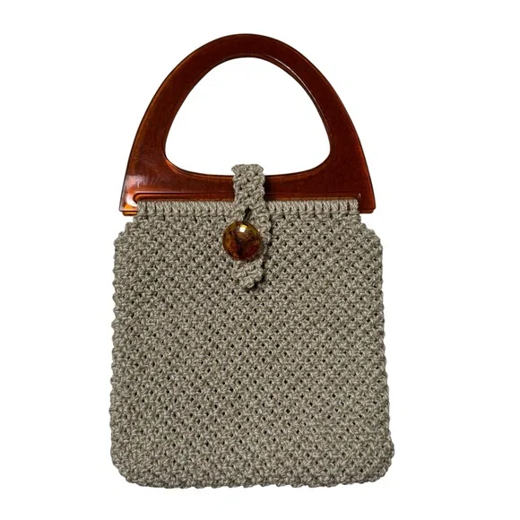 Woven Handheld Tote Bag with Wood Handle - Cream - Picture 2 of 4